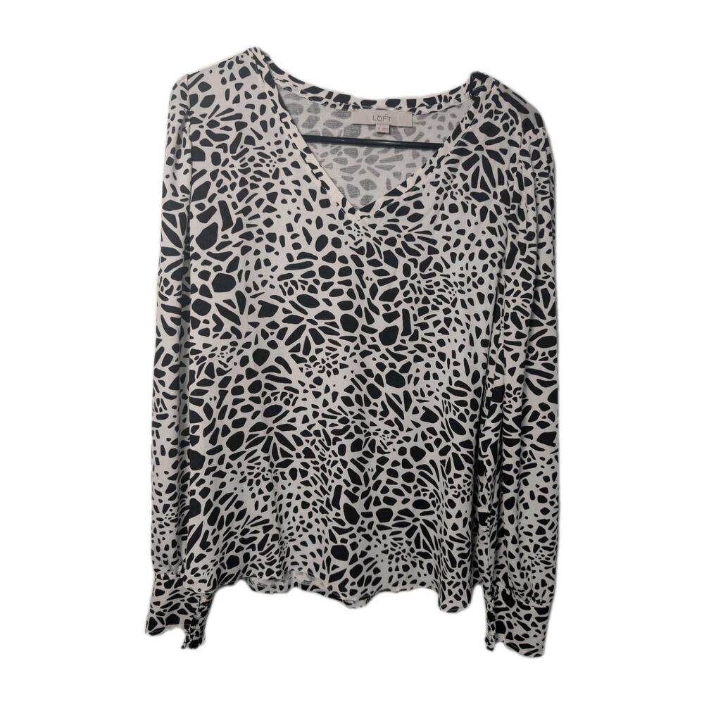 Loft Blouse Shirt Animal Print Mixed Media V-Neck Top Women's Size Medium Artsy